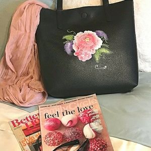 Custom Hand-painted Leather Reversible Tote Black Brown NWT